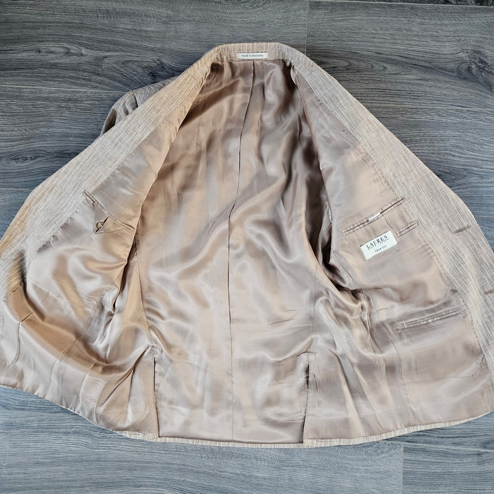 Ralph Lauren Linen Suit Men's 40S Tan Pinstripe Trim Fit Jacket Pants W33x30 - Picture 6 of 16